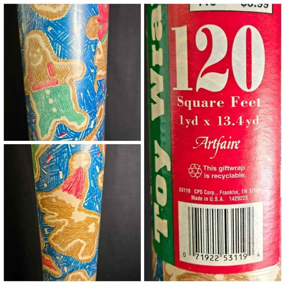 VTG Artaire Toy Wrap Christmas Wrapping Paper Gingerbread Crayon Scribbles USA
